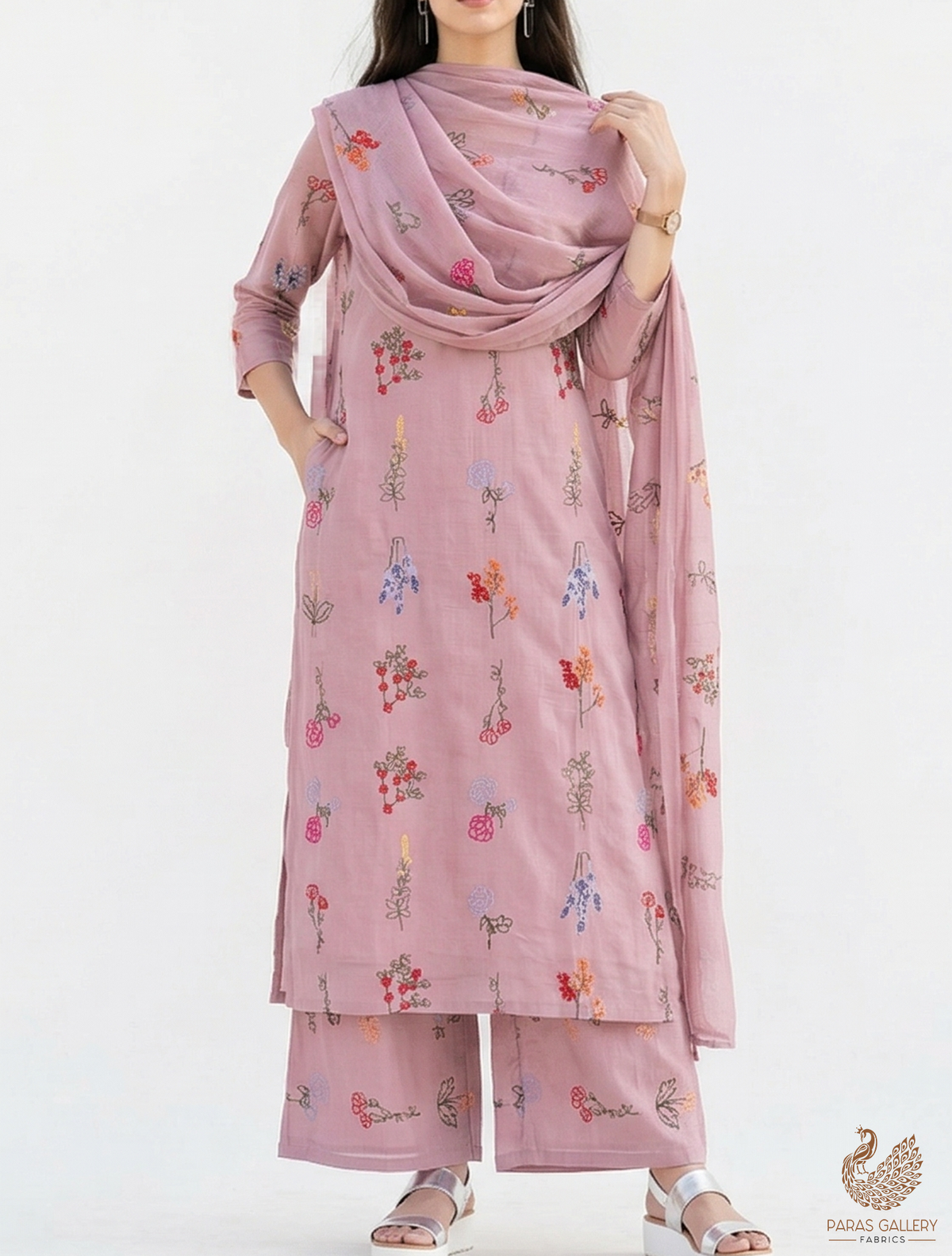 Onion Modal Muslin Fabric with All Over Thread Work 15340