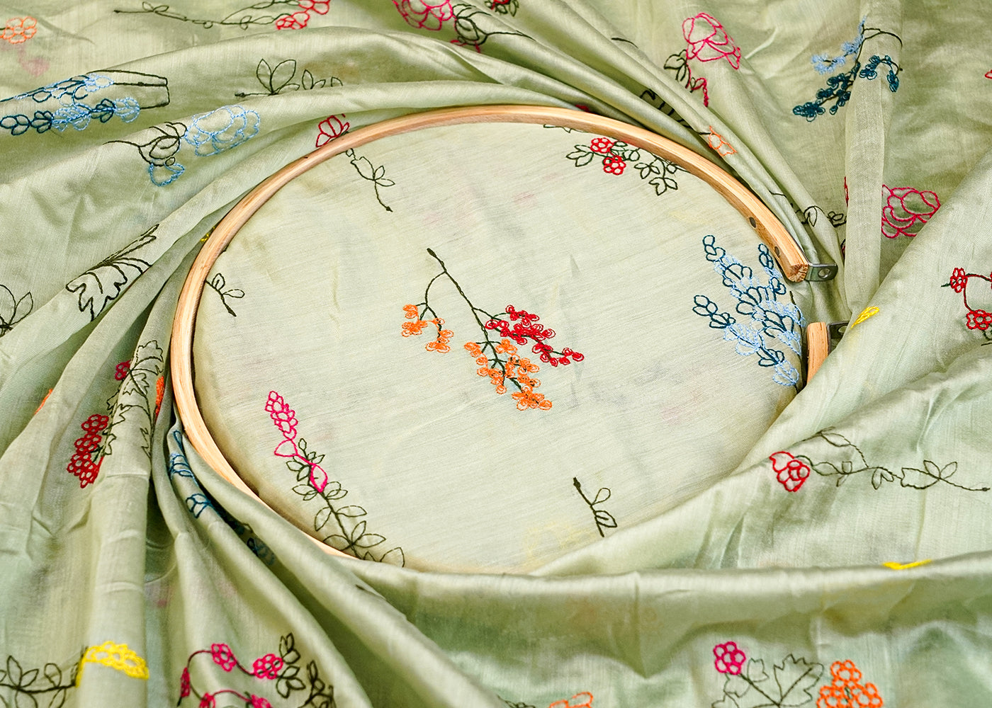 Pista Green Modal Muslin Fabric with All Over Thread Work 15341