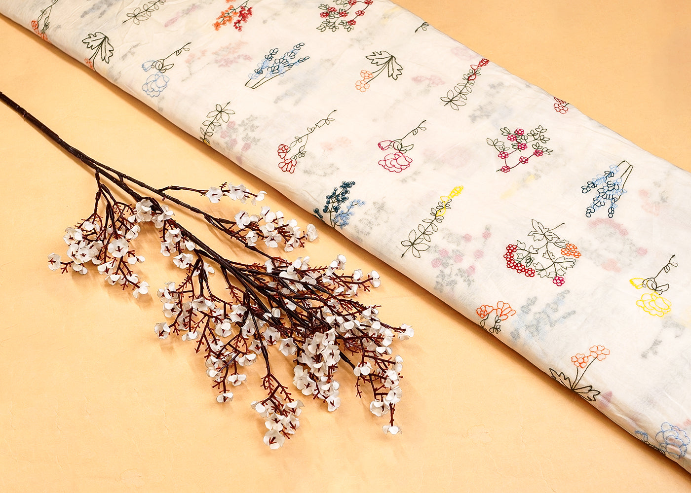 Off White Modal Muslin Fabric with All Over Thread Work 15342