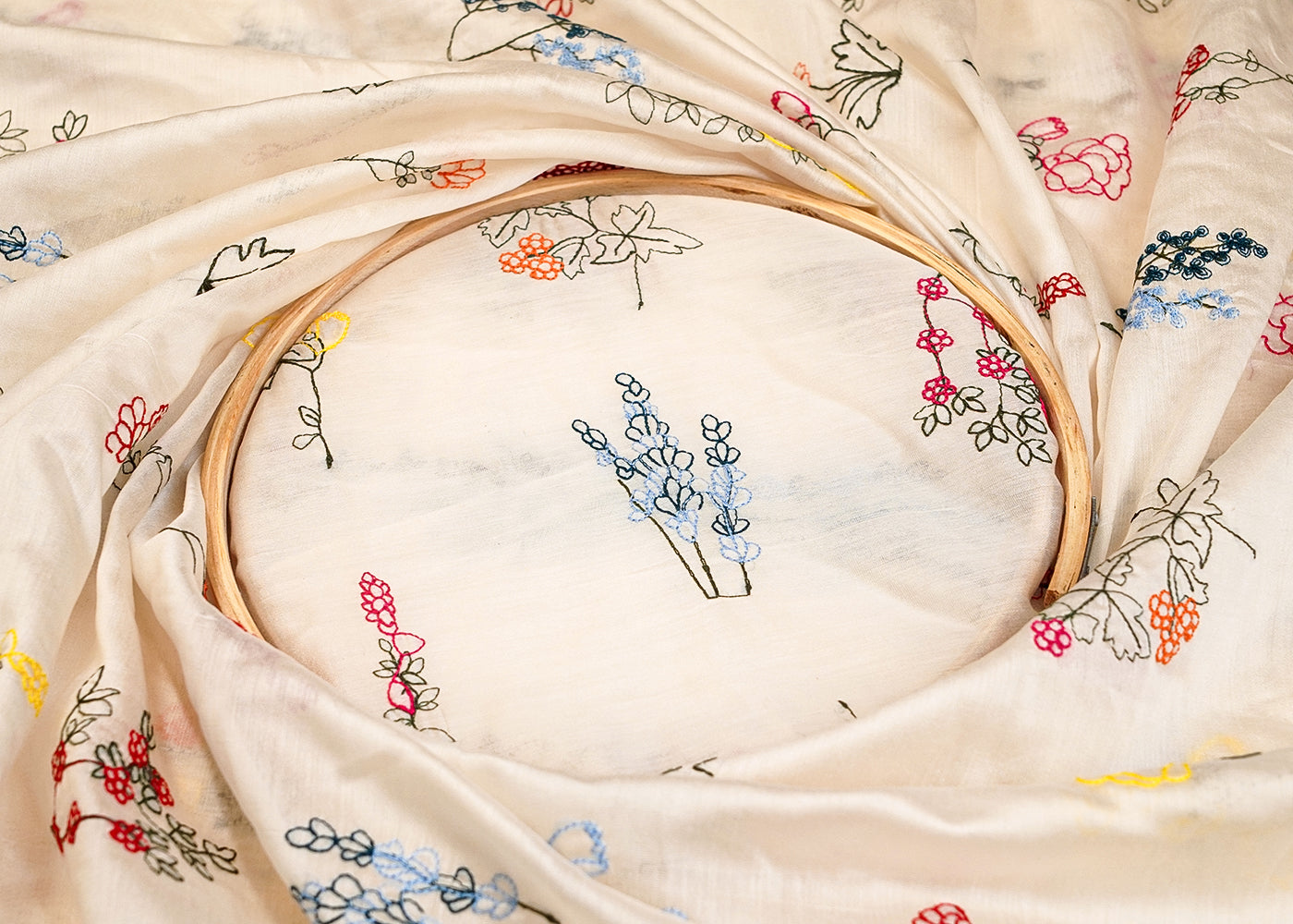 Off White Modal Muslin Fabric with All Over Thread Work 15342