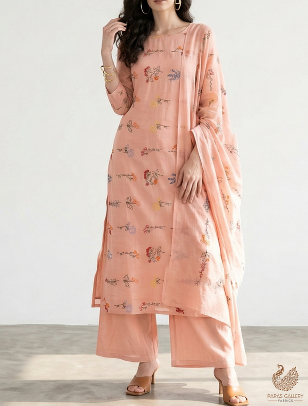 Peach Modal Muslin Fabric with All Over Thread Work 15343