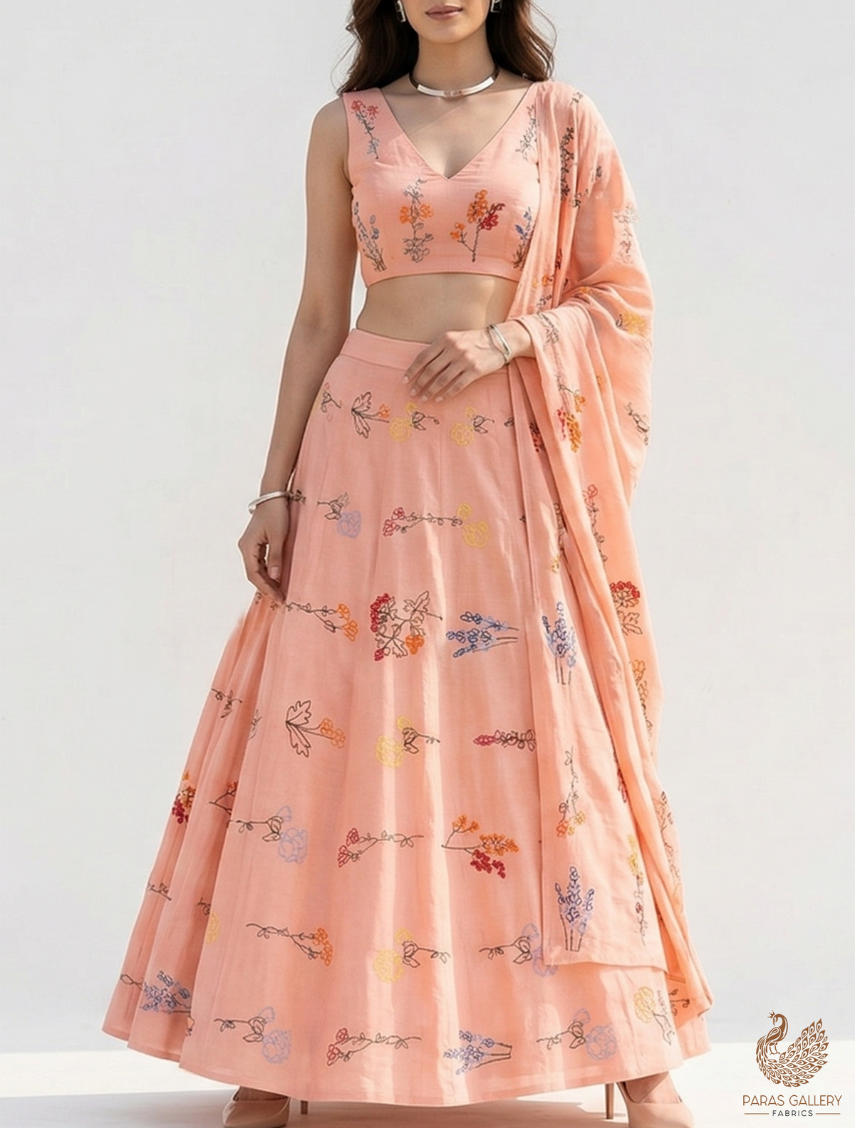 Peach Modal Muslin Fabric with All Over Thread Work 15343