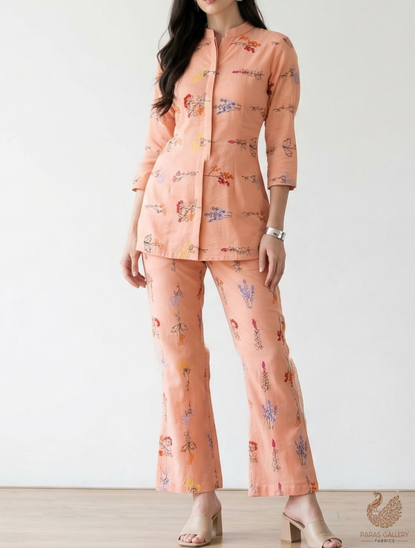 Peach Modal Muslin Fabric with All Over Thread Work 15343