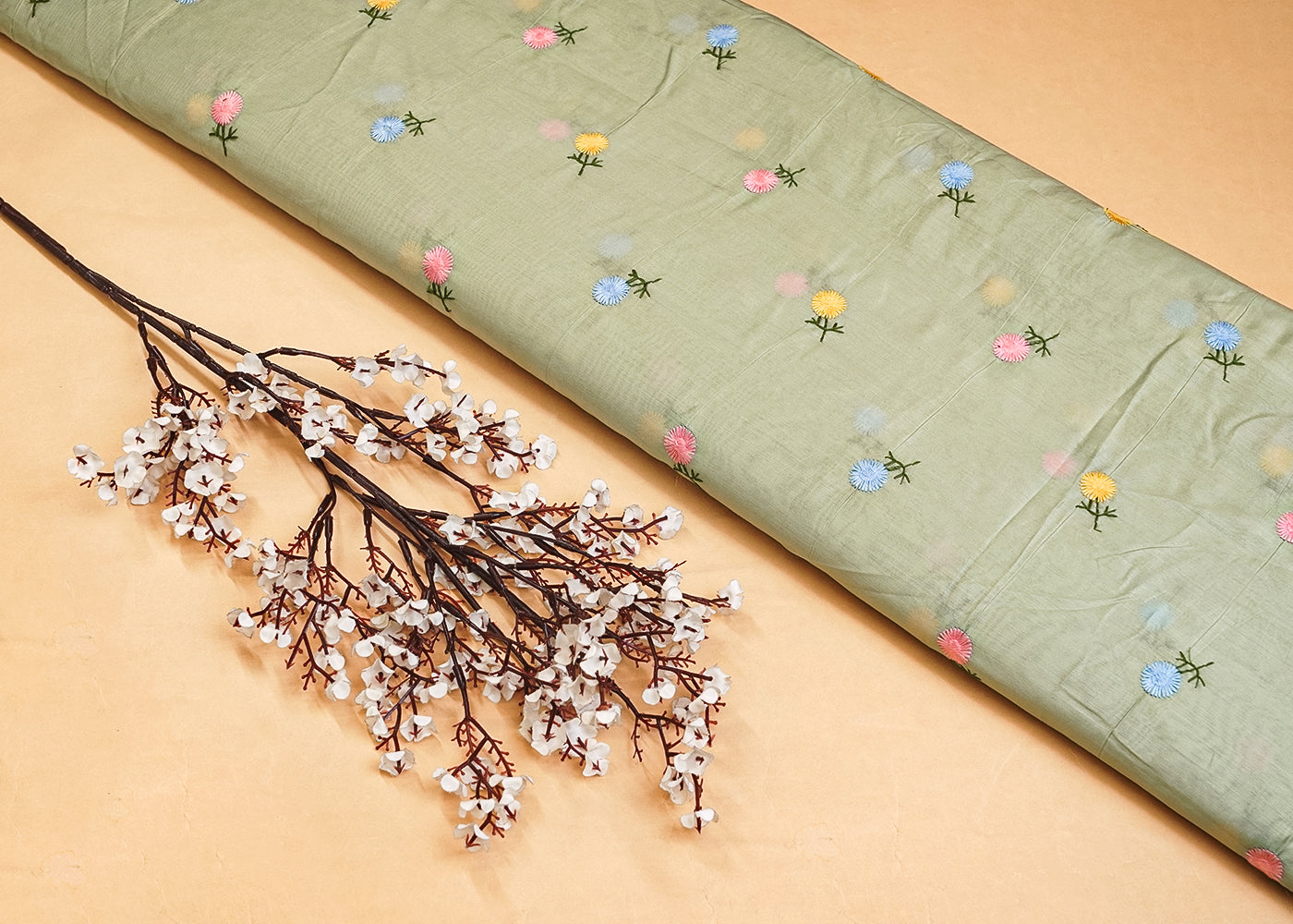 Pista Green Modal Muslin Fabric with All Over Thread Work 15344
