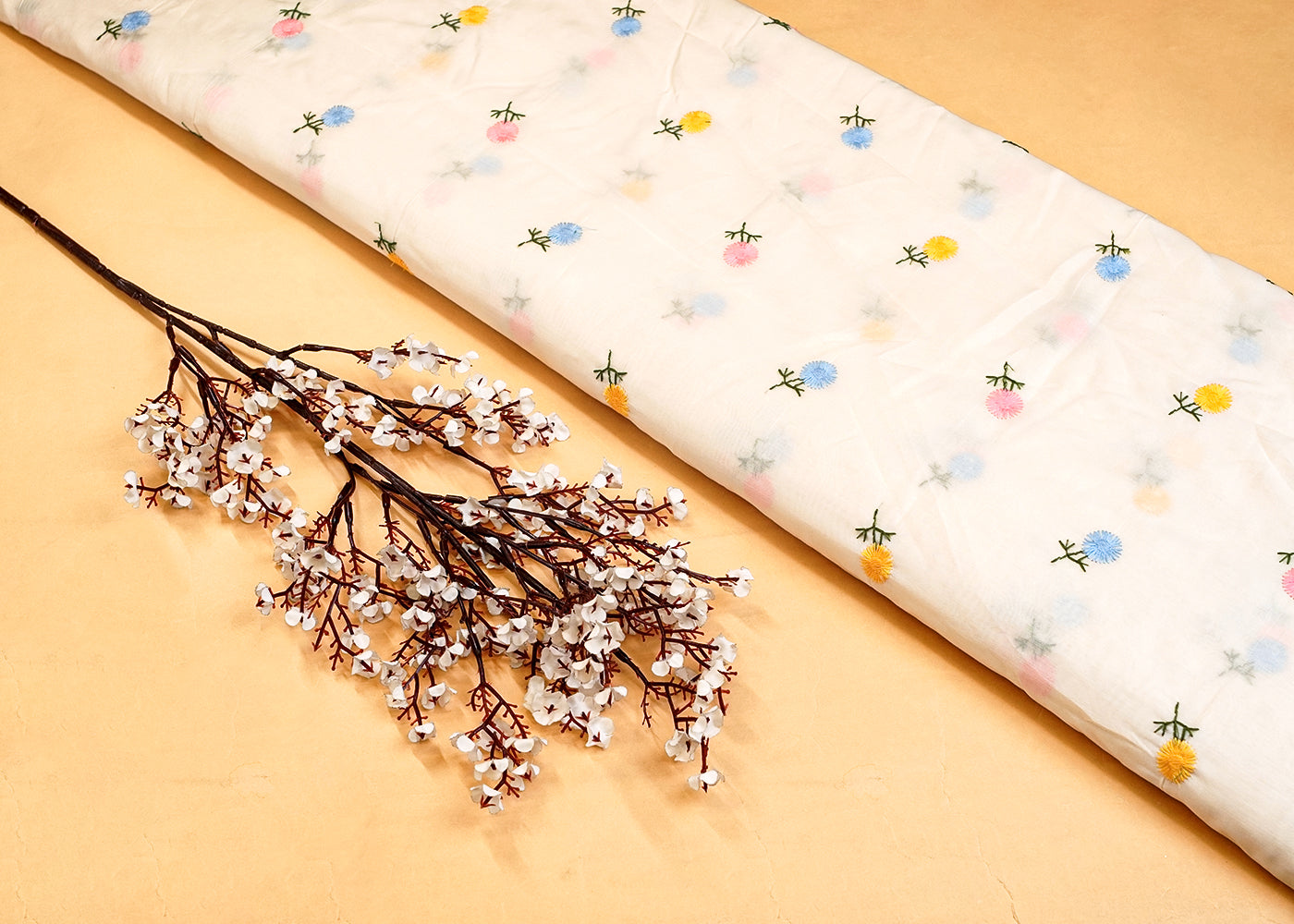 Off White Modal Muslin Fabric with All Over Thread Work 15345