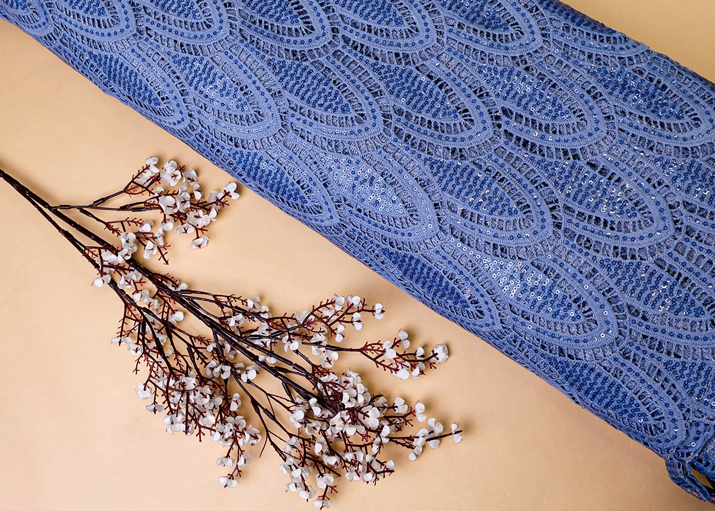 Greyish Blue Imported Crepe Fabric with All-Over Cutwork 15350