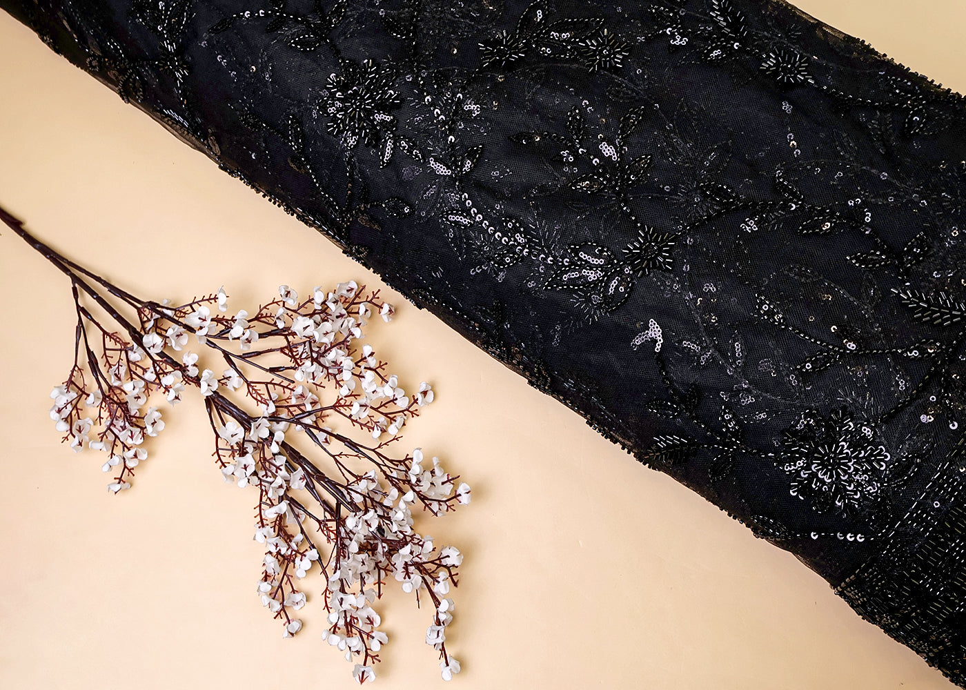 Black Imported Net Fabric with Bead, Kutdana and Sequins Work with Scalloped Border 15356