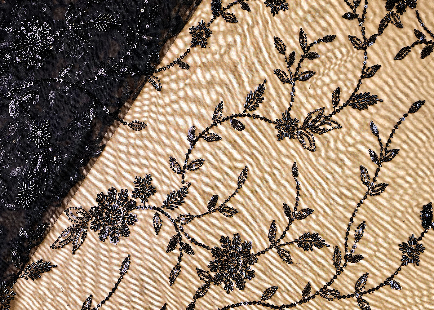 Black Imported Net Fabric with Bead, Kutdana and Sequins Work with Scalloped Border 15356
