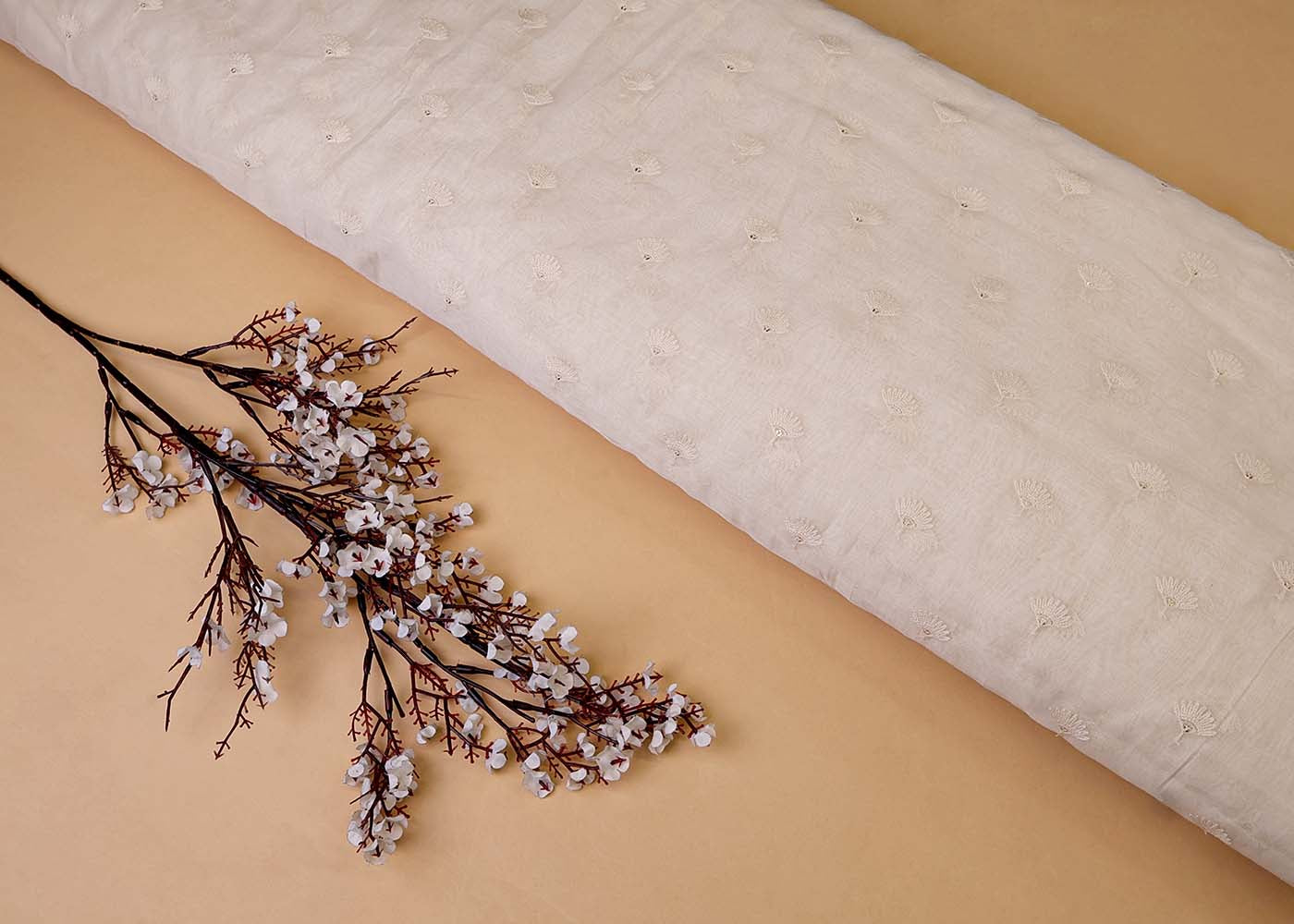 White Chanderi Fabric with All Over Thread and Sequins Buti 15372