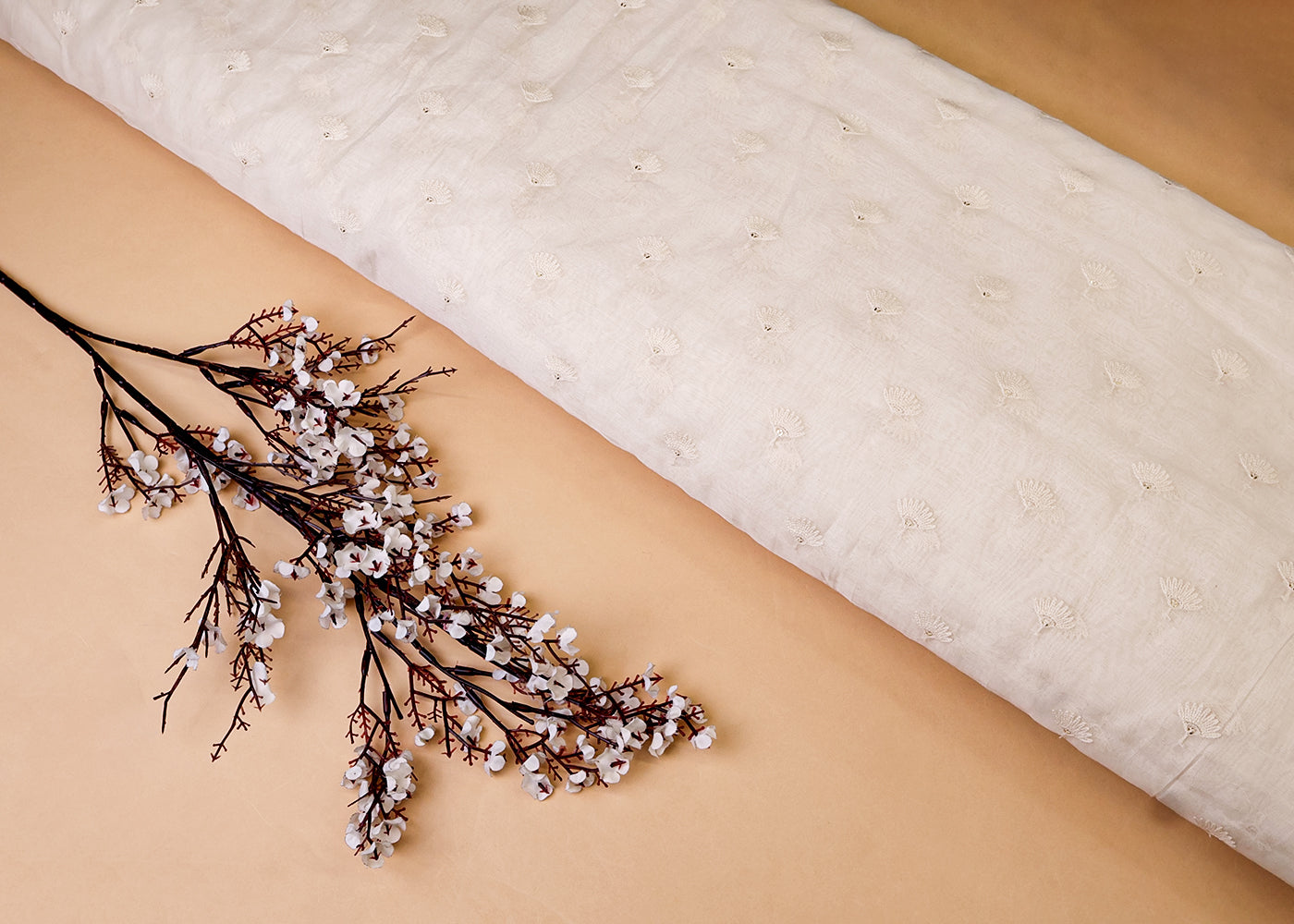 White Chanderi Fabric with All Over Thread and Sequins Buti 15372