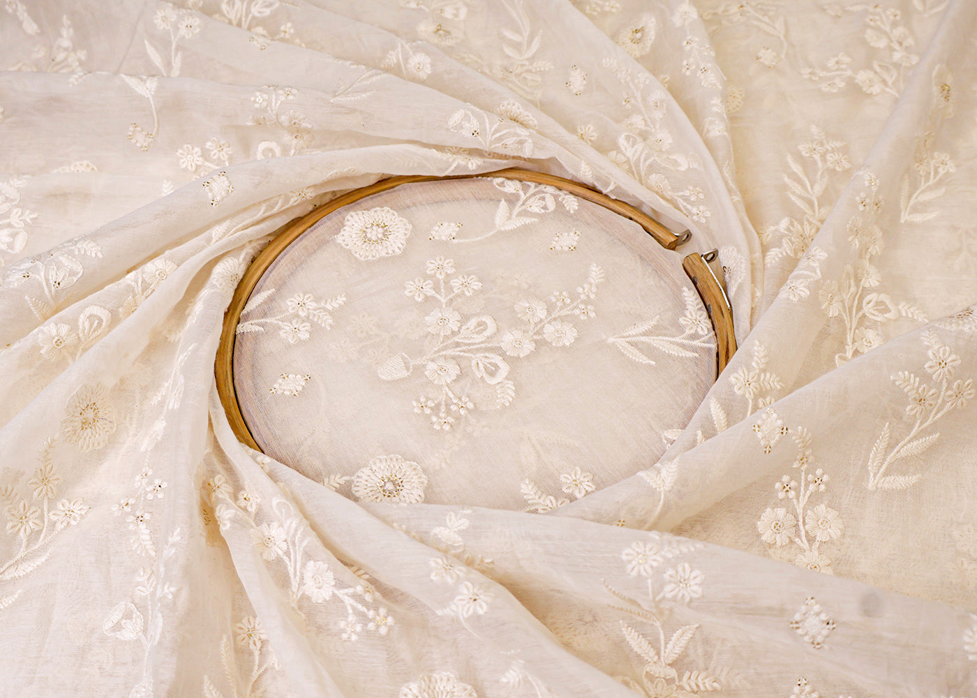 White Chanderi Fabric with All Over Thread and Sequins Work 15380