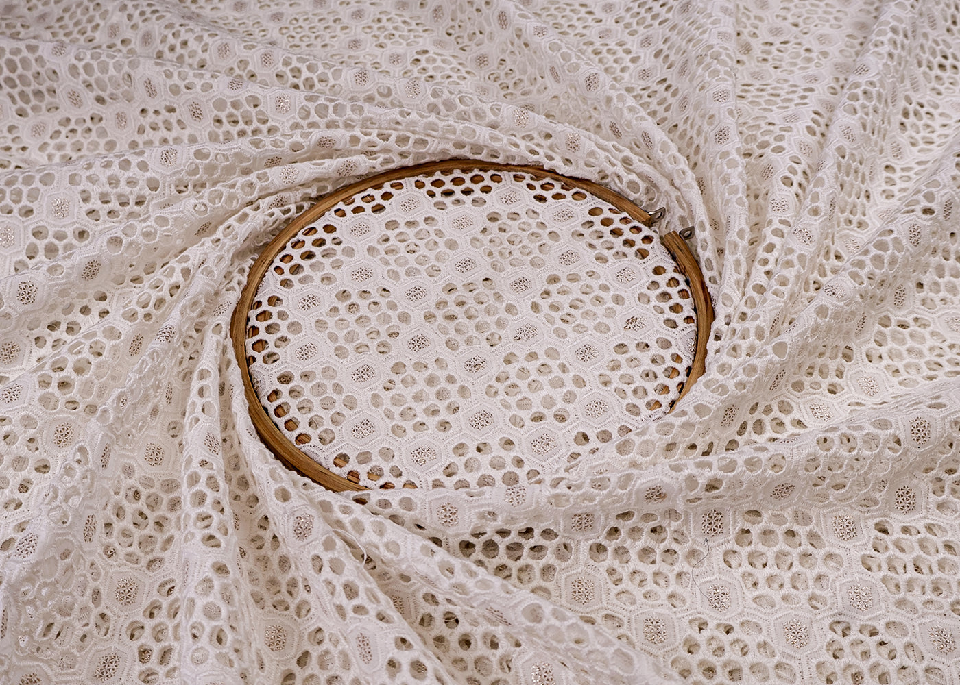 White Cotton Fabric with All-Over Sequins And Cut-Work 15394
