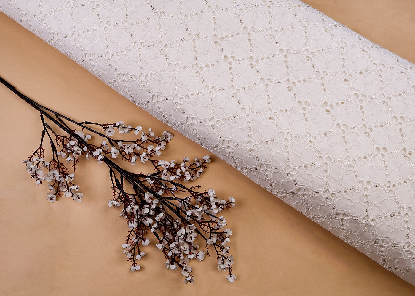 White Cotton Fabric with All-Over Sequins And Cut-Work 15395