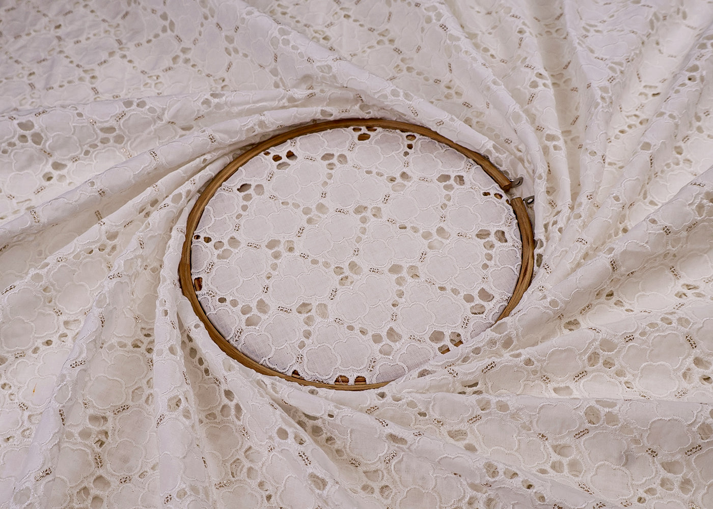 White Cotton Fabric with All-Over Sequins And Cut-Work 15395