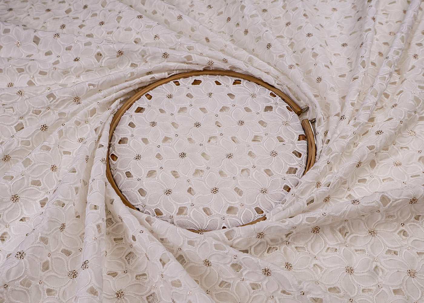 White Cotton Fabric with All-Over Sequins And Cut-Work 15396