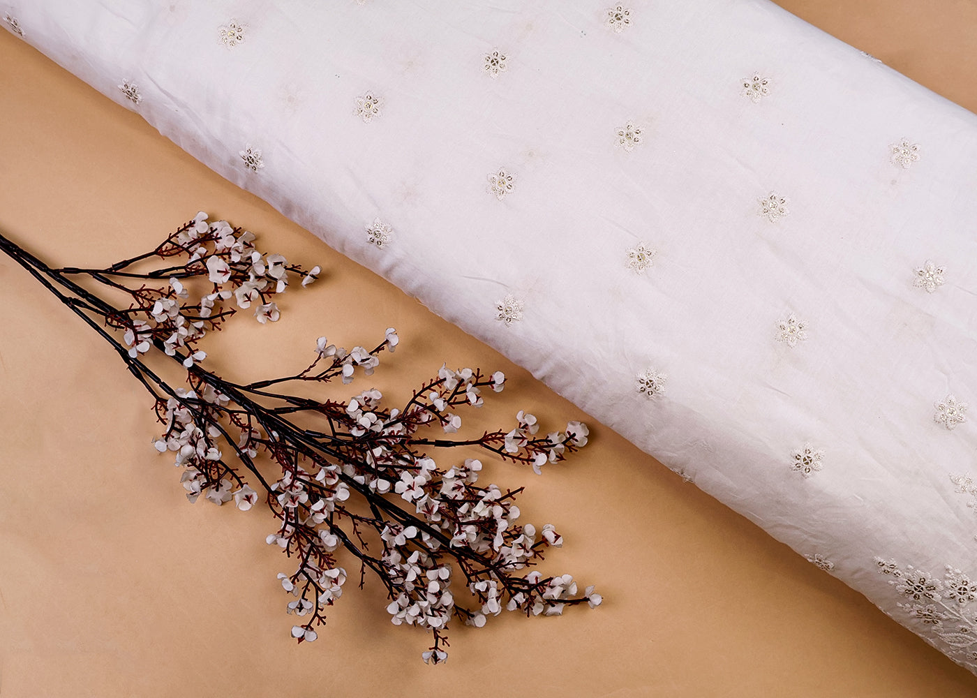 White Cotton Fabric with All-over Buti of Thread And Sequins with Heavy Border 15399