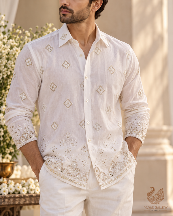 White Cotton Fabric with All-over Buti of Thread And Sequins with Heavy Border 15400