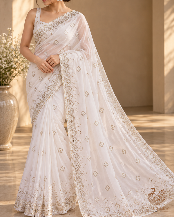 White Cotton Fabric with All-over Buti of Thread And Sequins with Heavy Border 15400