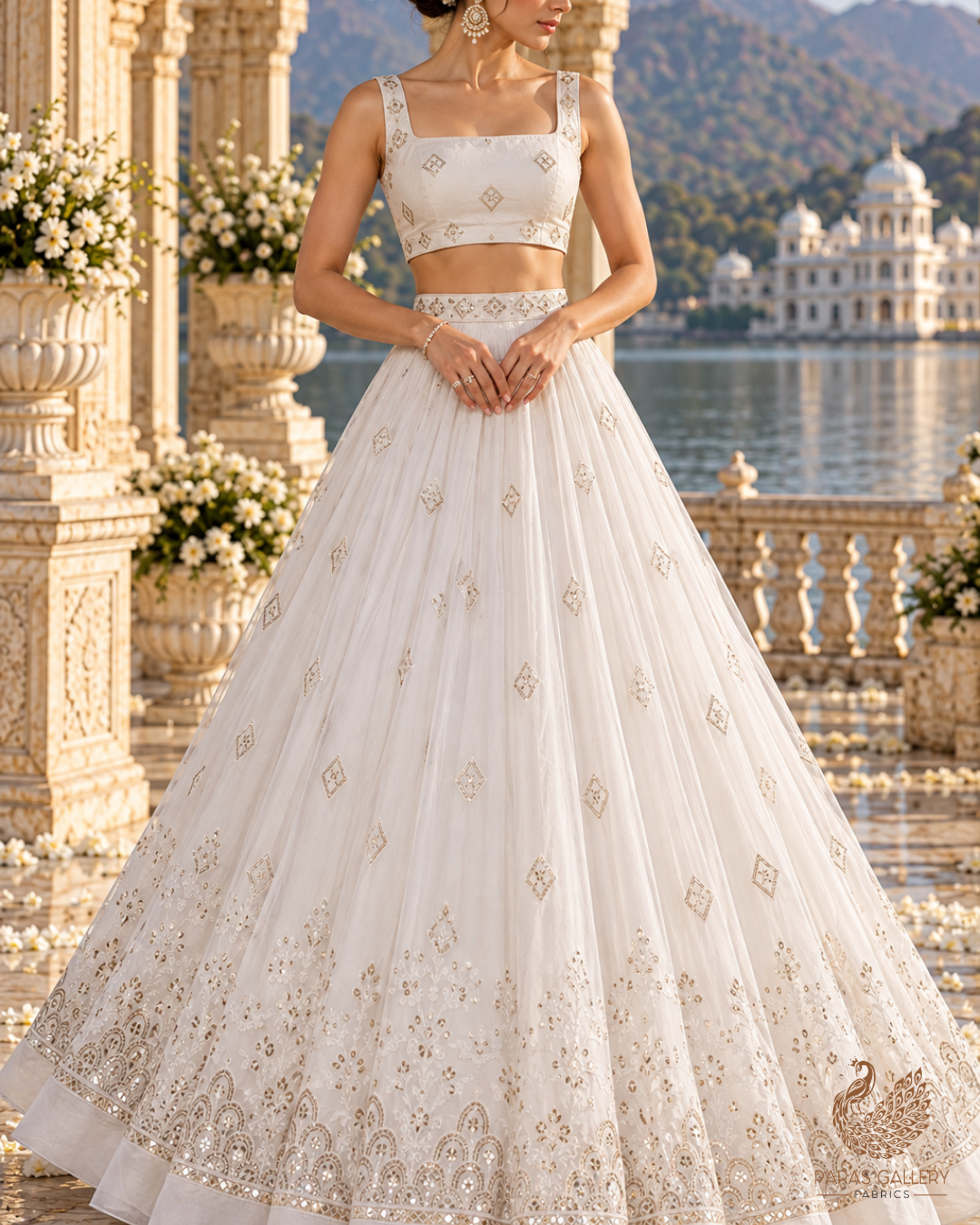 White Cotton Fabric with All-over Buti of Thread And Sequins with Heavy Border 15400