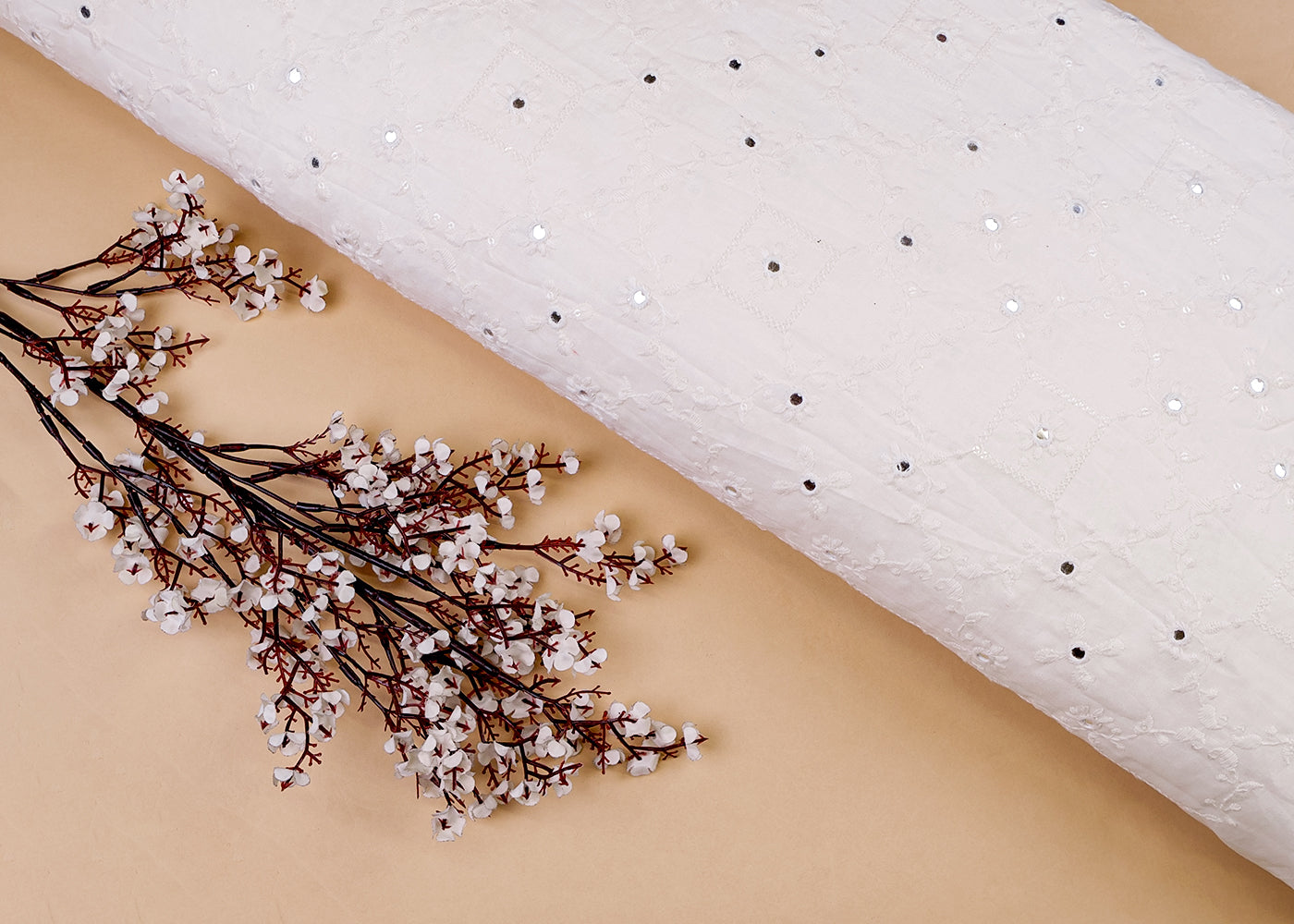 White Cotton Fabric with All-over Thread, Sequins and Faux Mirror Work 15401