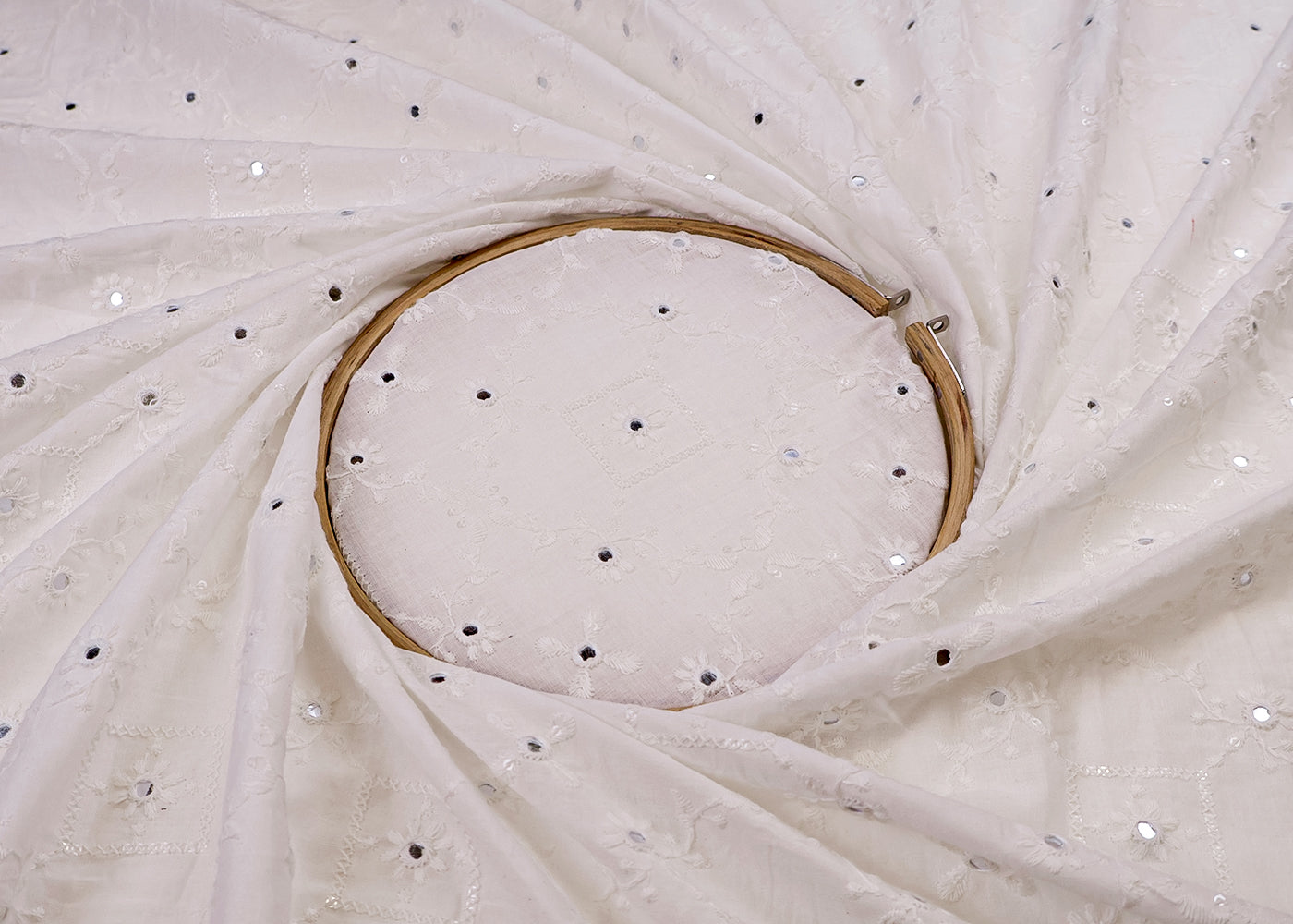 White Cotton Fabric with All-over Thread, Sequins and Faux Mirror Work 15401