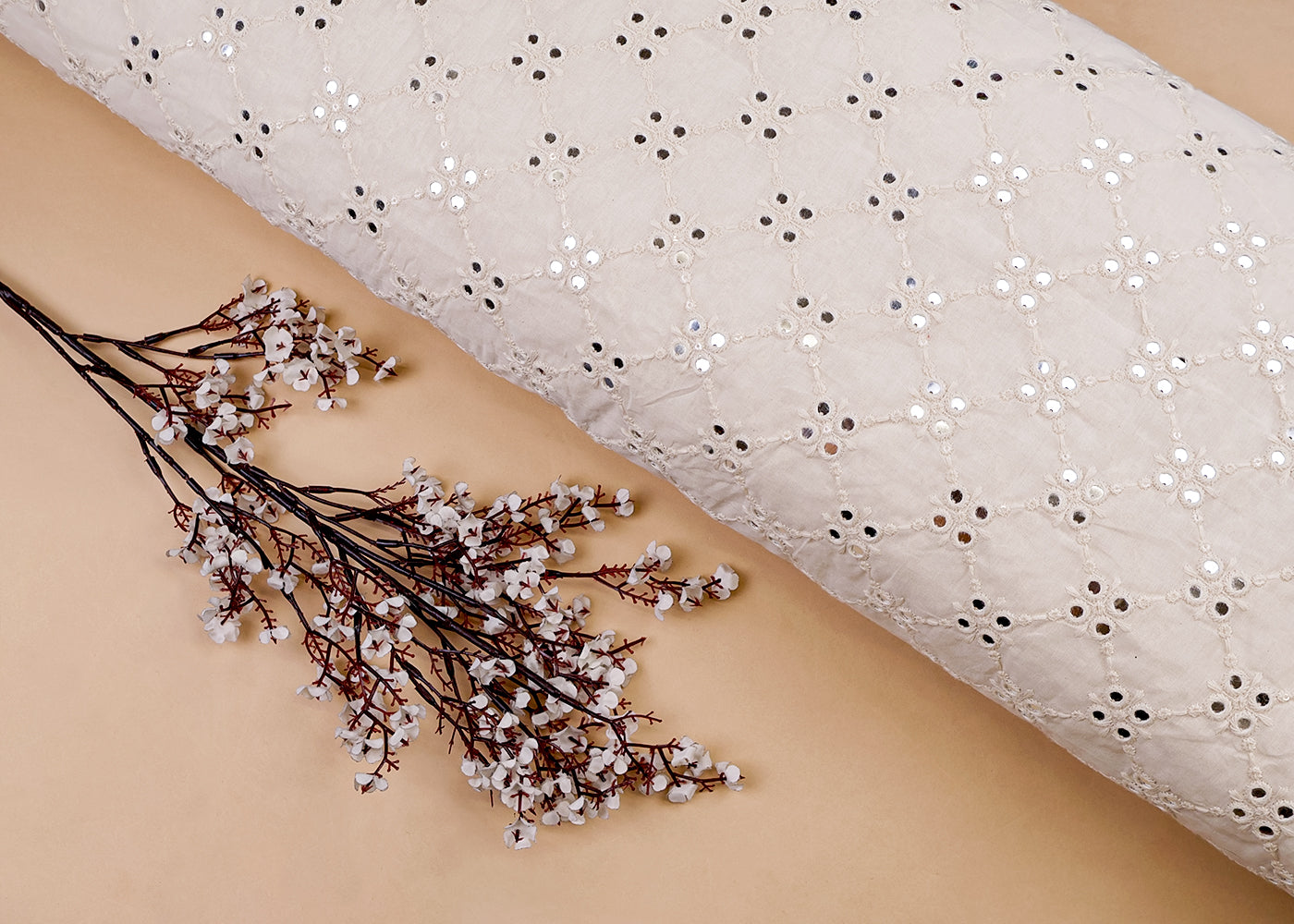 White Cotton Fabric with All-over Thread, Sequins and Faux Mirror Work 15402