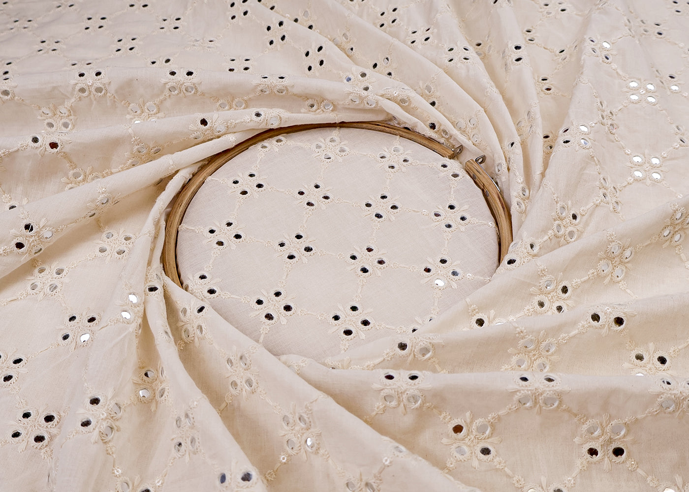 White Cotton Fabric with All-over Thread, Sequins and Faux Mirror Work 15402