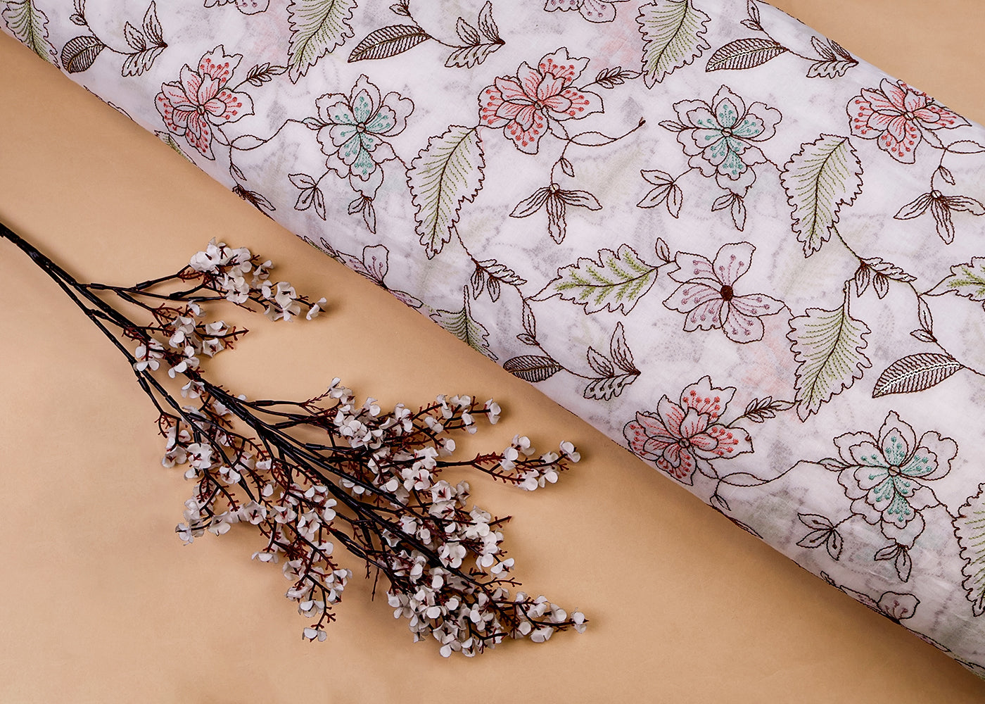White Cotton Fabric with All-over Colorful Thread And Sequins Work 15404