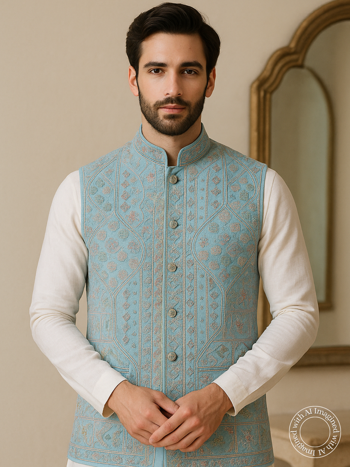 The Riwaayat – Unstitched Sky Blue Nehru Jacket Fabric for Men 15419