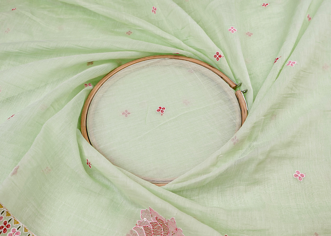 Sea Green Chanderi Dupatta Fabric with Floral Buti and Borders of Thread and Sequins 15428