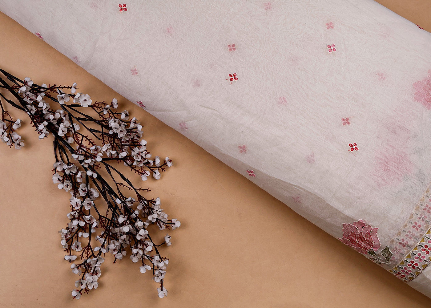 Off-White Chanderi Dupatta Fabric with Floral Buti and Borders of Thread and Sequins 15429