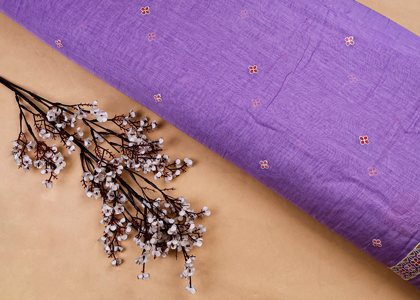 Lavender Chanderi Dupatta Fabric with Floral Buti and Borders of Thread and Sequins 15430