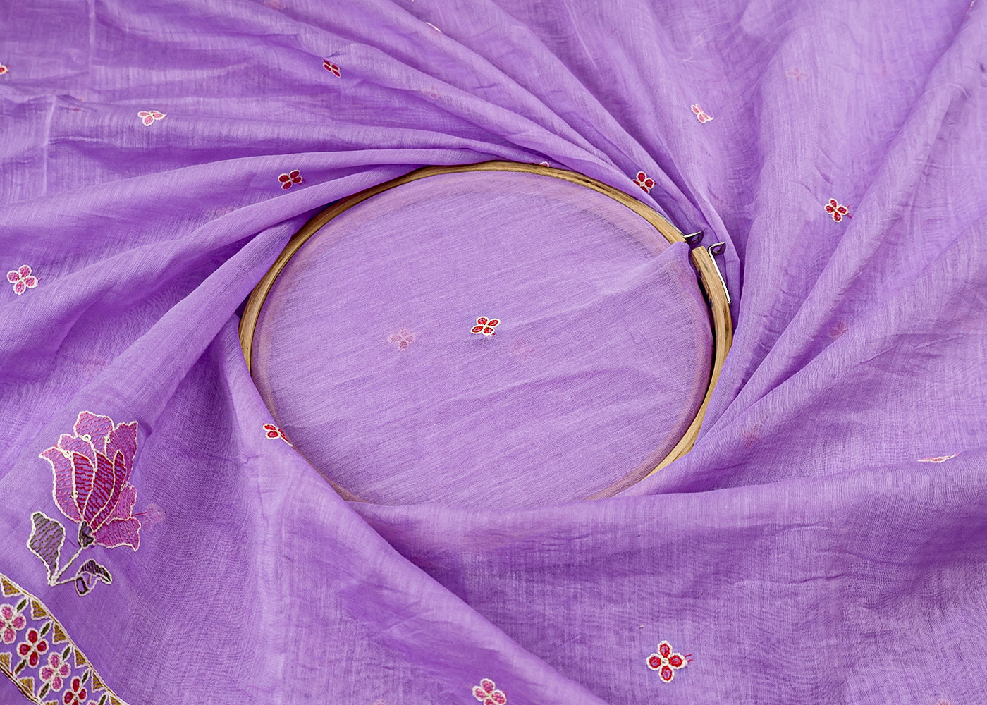 Lavender Chanderi Dupatta Fabric with Floral Buti and Borders of Thread and Sequins 15430