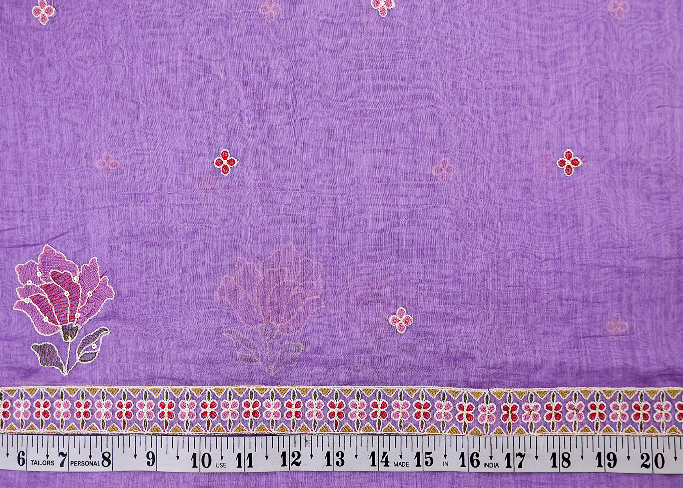 Lavender Chanderi Dupatta Fabric with Floral Buti and Borders of Thread and Sequins 15430
