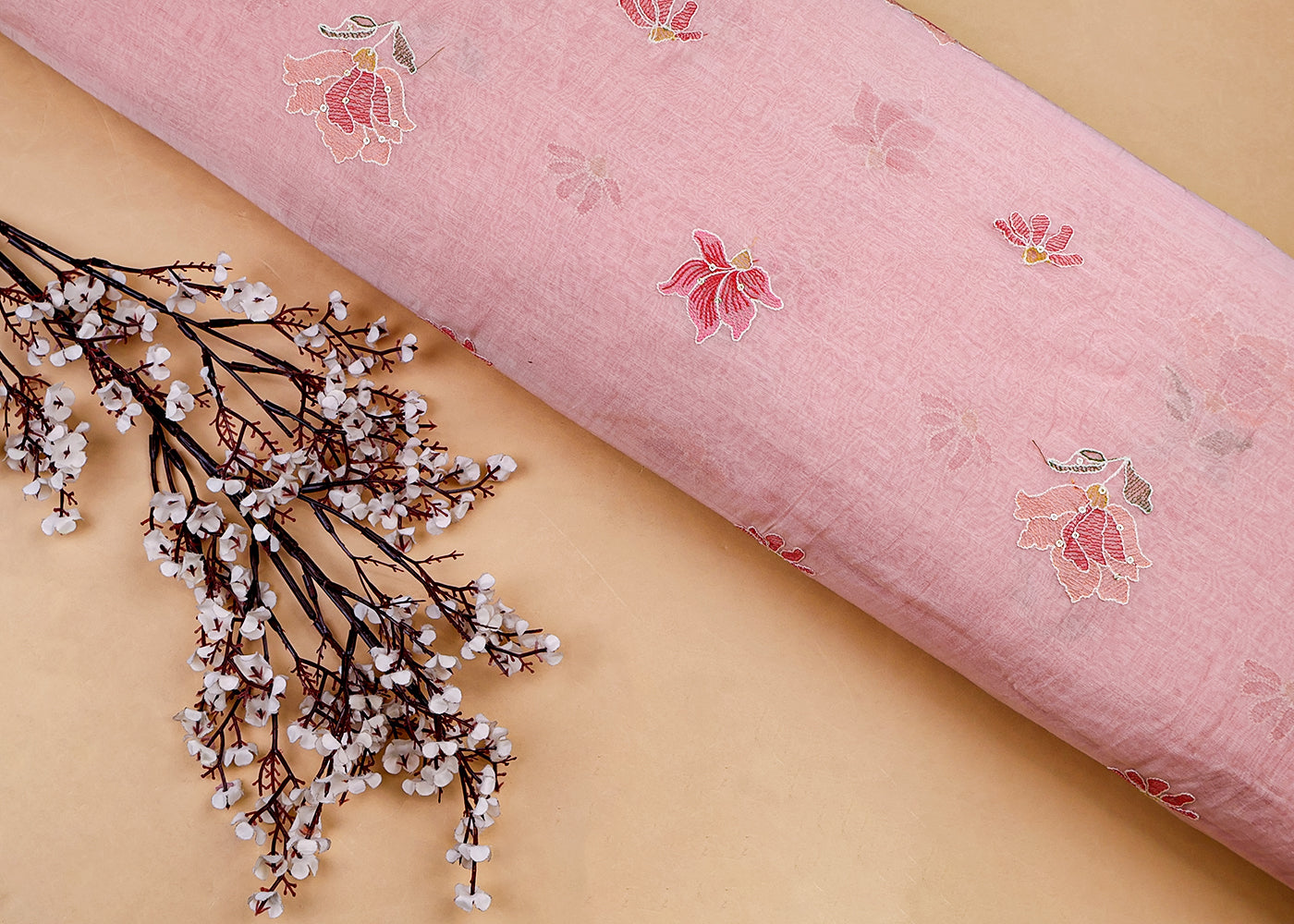 Peach Chanderi Fabric with Floral Buti of Thread and Sequins 15431