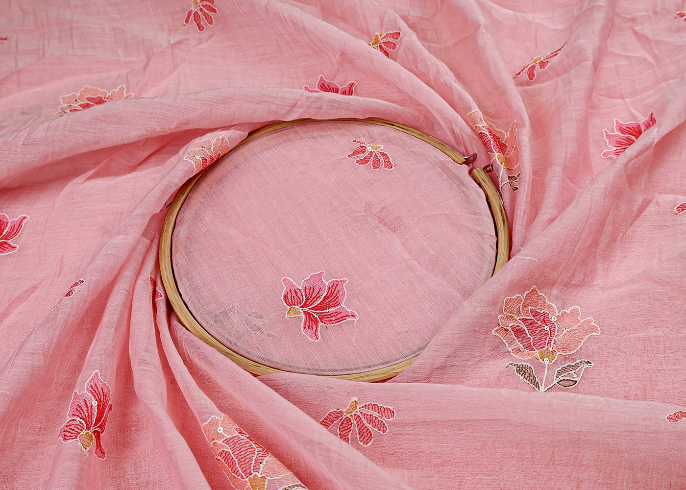 Peach Chanderi Fabric with Floral Buti of Thread and Sequins 15431