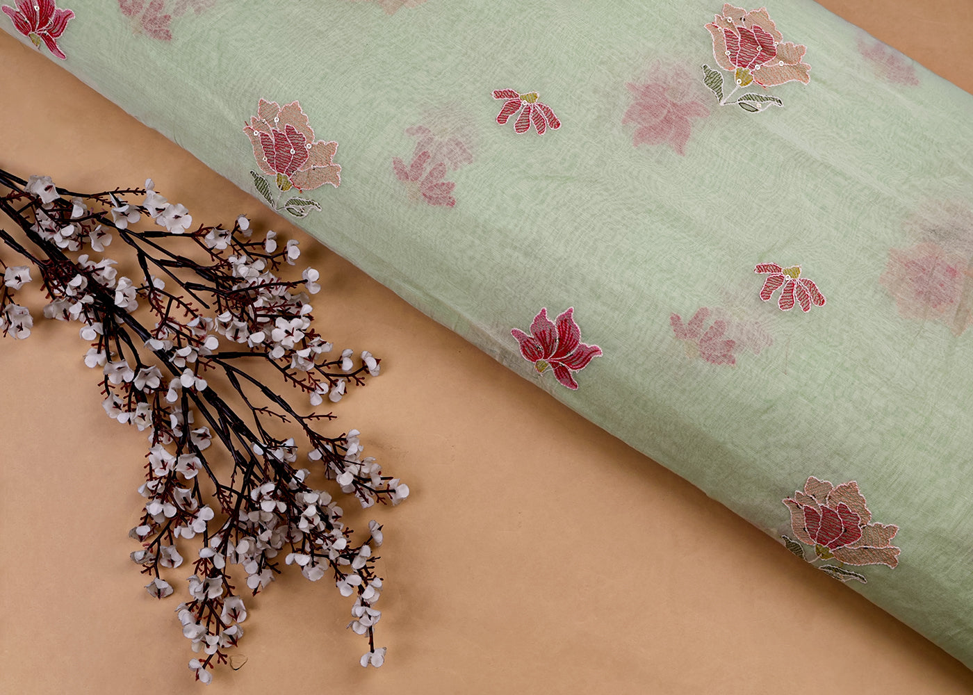 Lavender Chanderi Fabric with Floral Buti of Thread and Sequins 15432