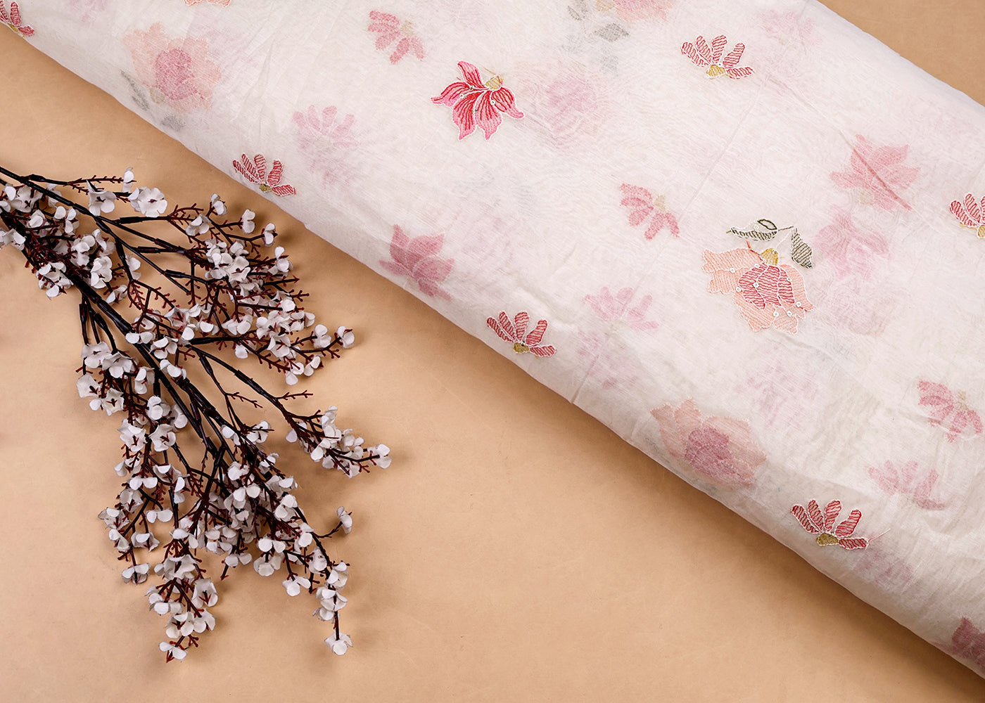 Off-White Chanderi Fabric with Floral Buti of Thread and Sequins 15434