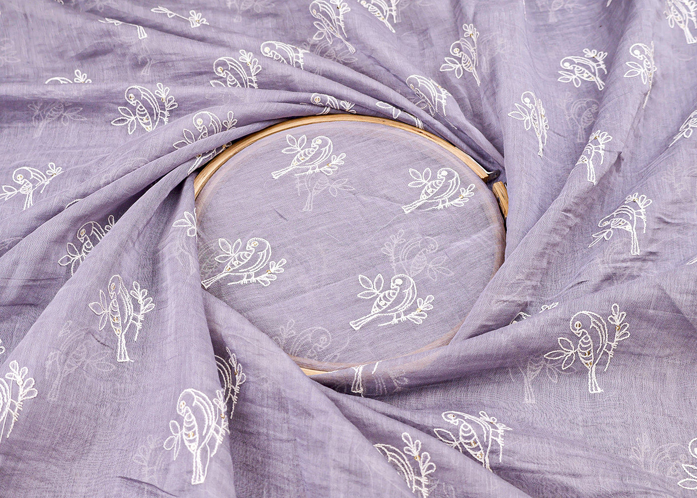 Grey Chanderi Fabric with Bird Buti of Thread and Sequins 15437