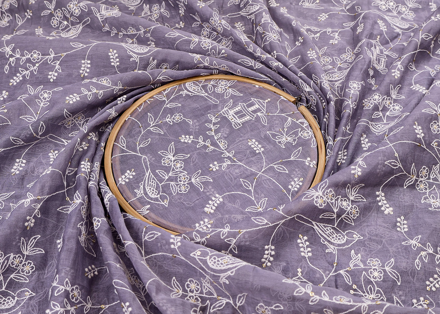 Grey Chanderi Fabric with All-Over Thread and Sequins Work 15438
