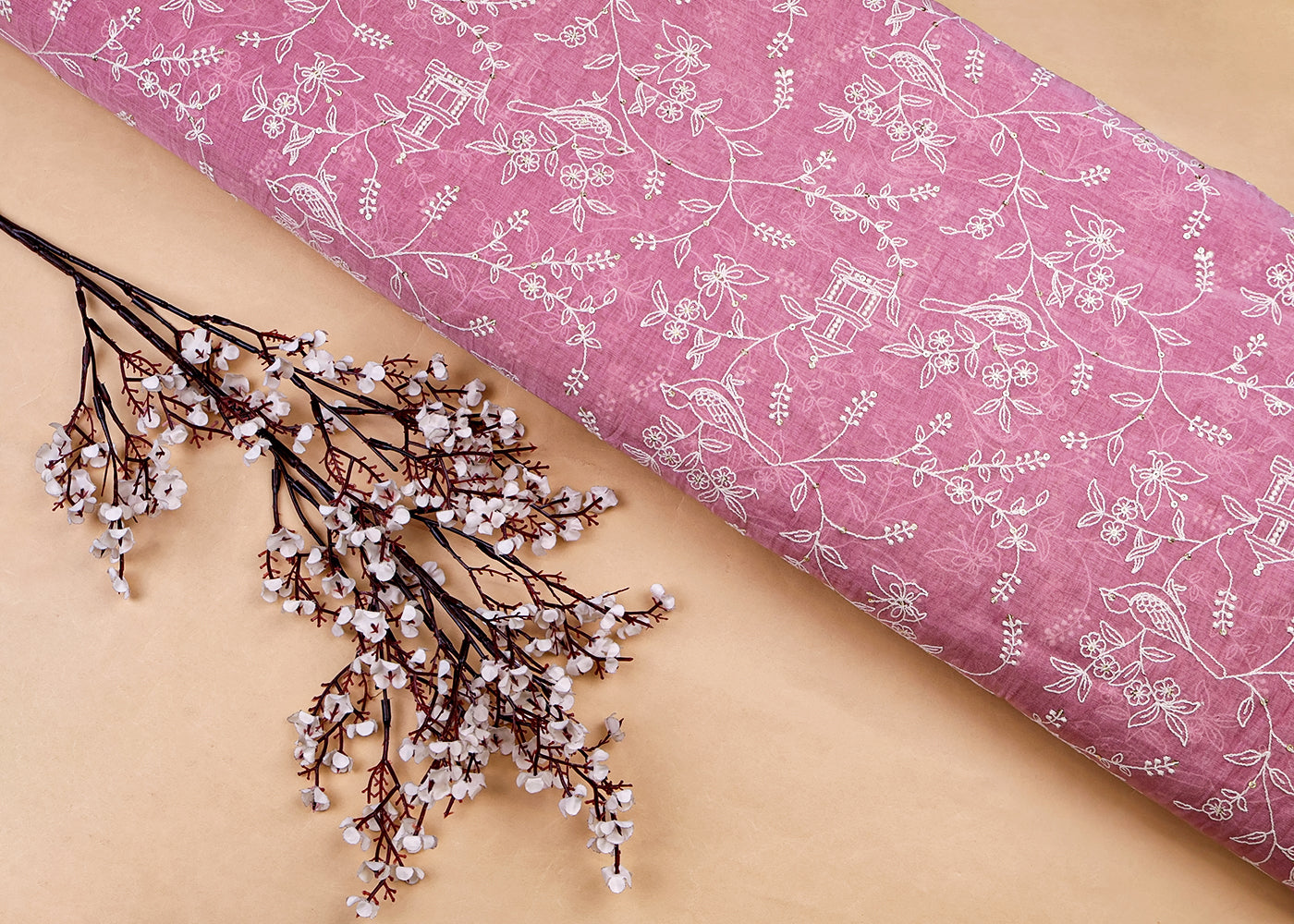 Pink Chanderi Fabric with All-Over Thread and Sequins Work 15440