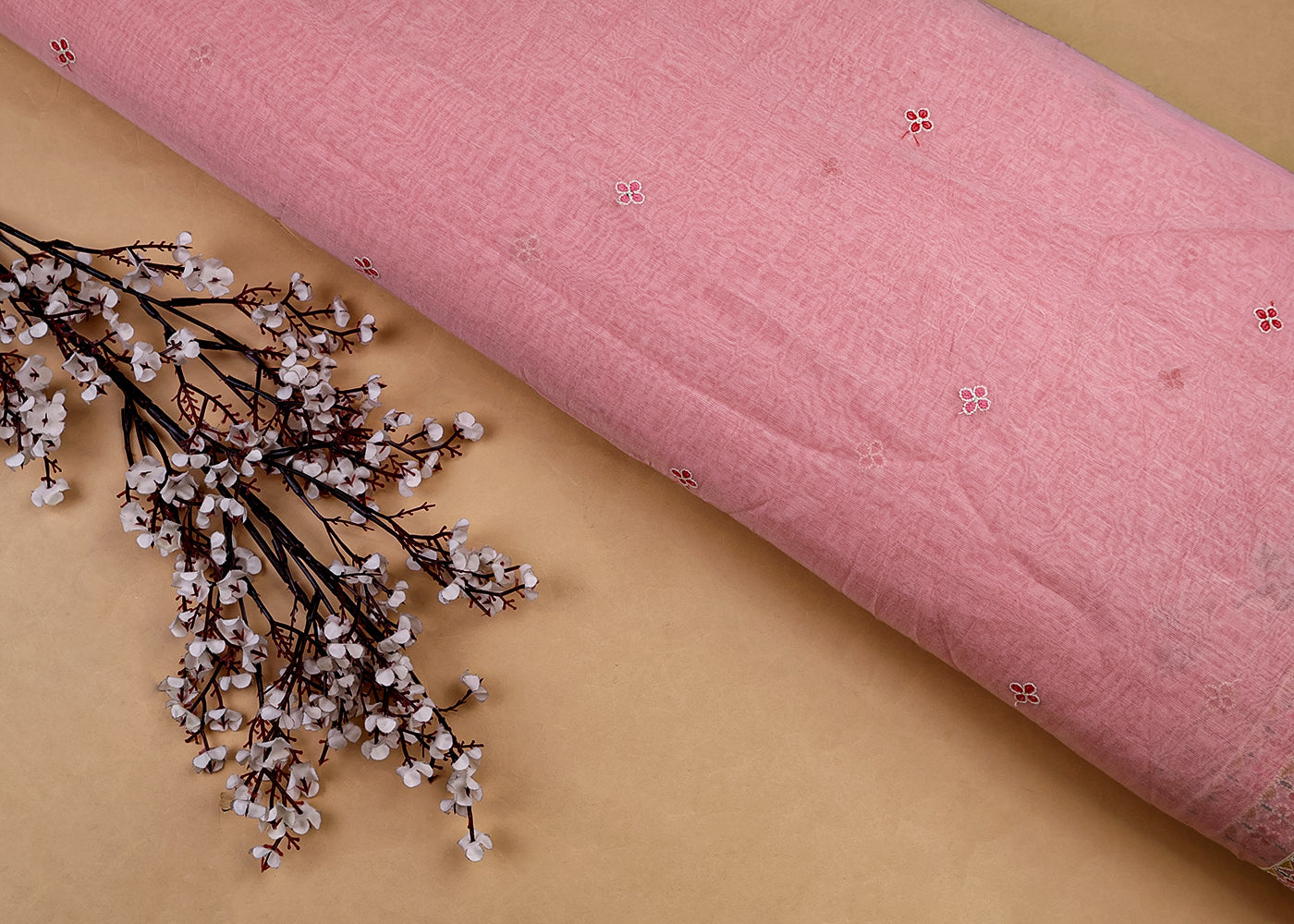Peach Chanderi Dupatta Fabric with Floral Buti and Borders of Thread and Sequins 15441