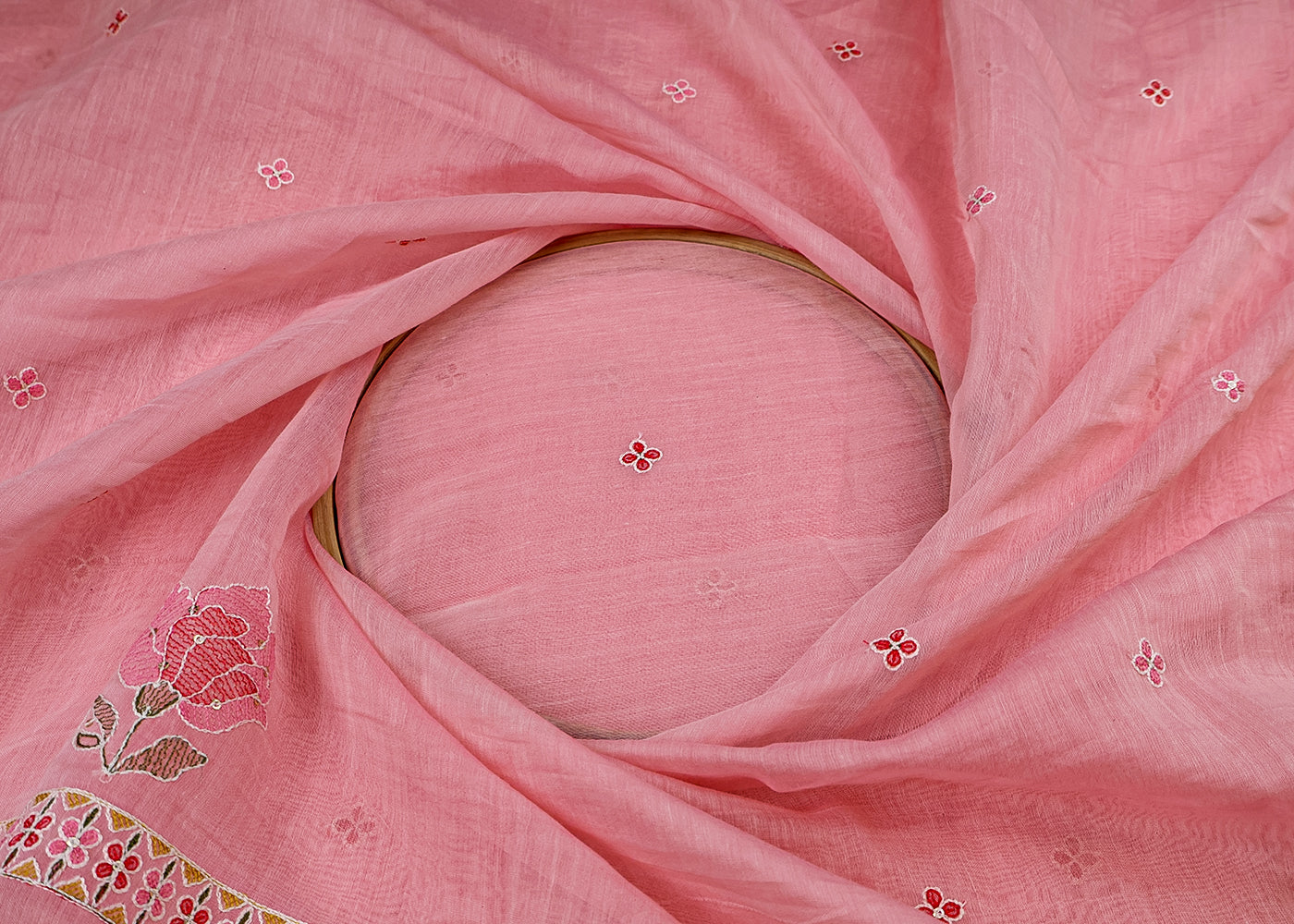 Peach Chanderi Dupatta Fabric with Floral Buti and Borders of Thread and Sequins 15441