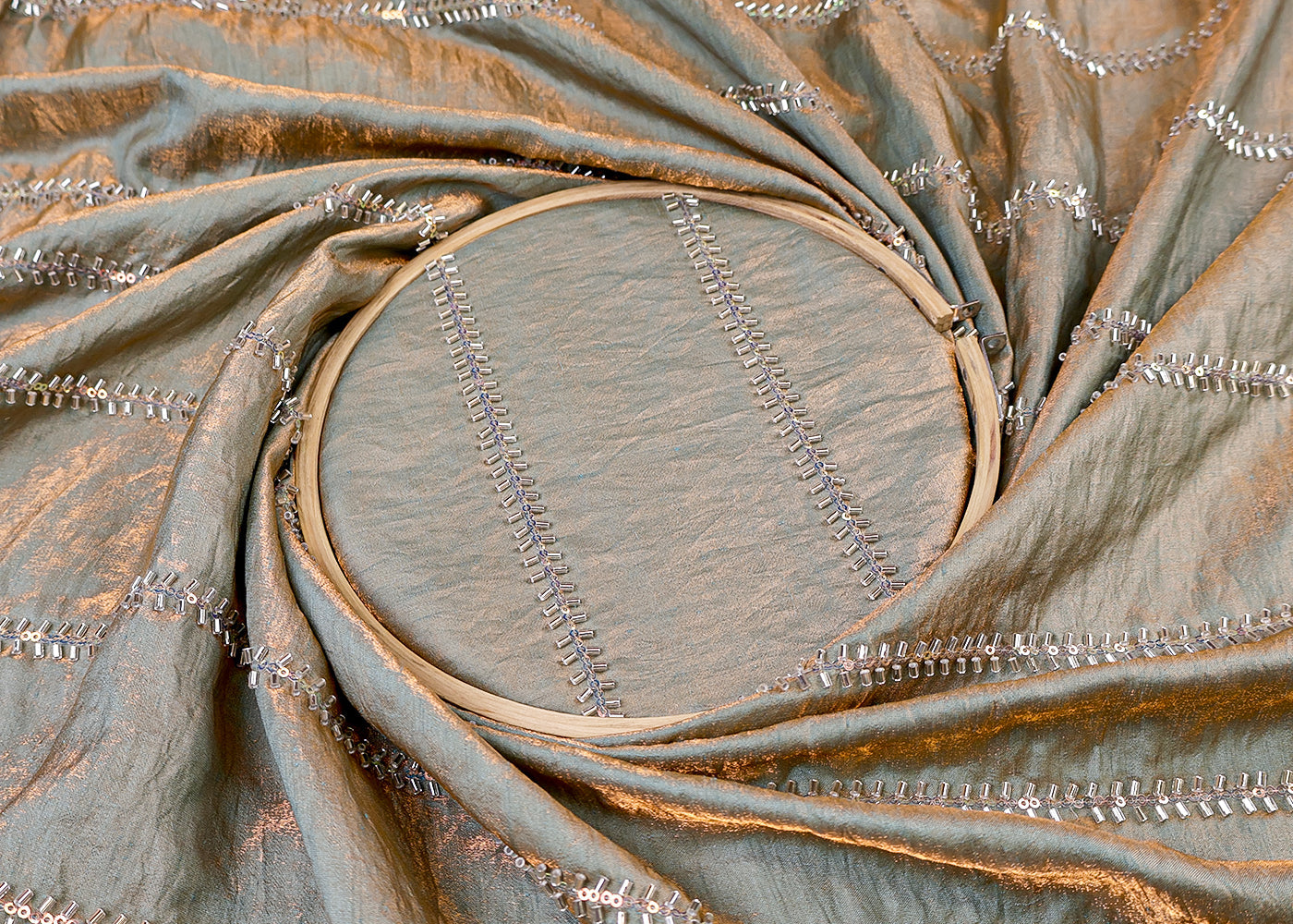 Teal Blue Diamond Silk Fabric with All Over Katdana and Sequins Stripes 15456