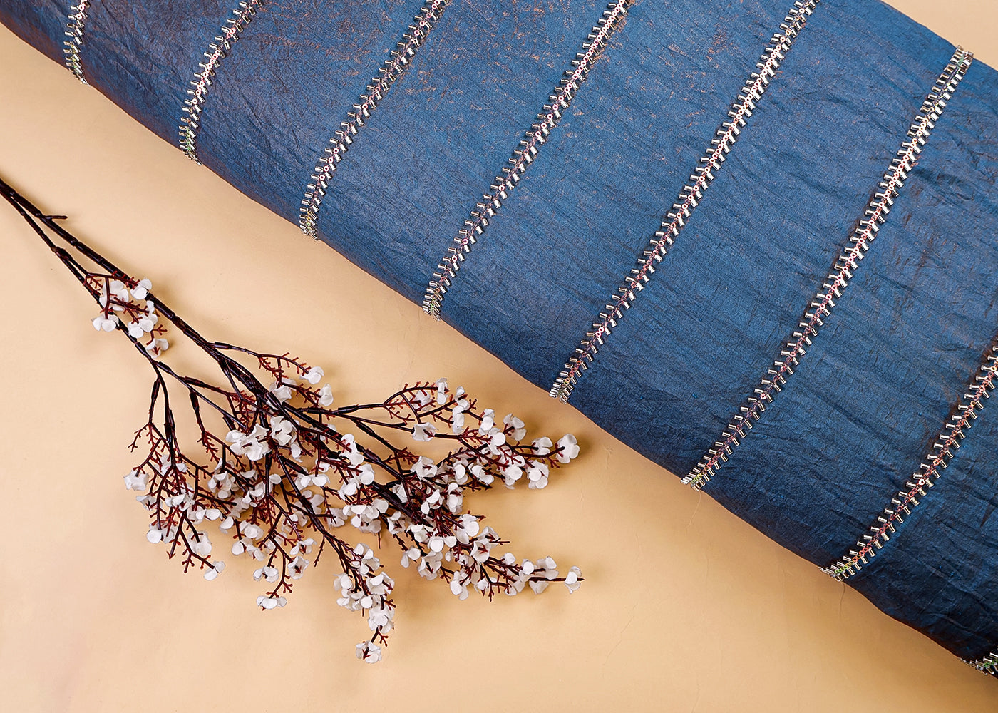 Peacock Blue Diamond Silk Fabric with All Over Katdana and Sequins Stripes 15457