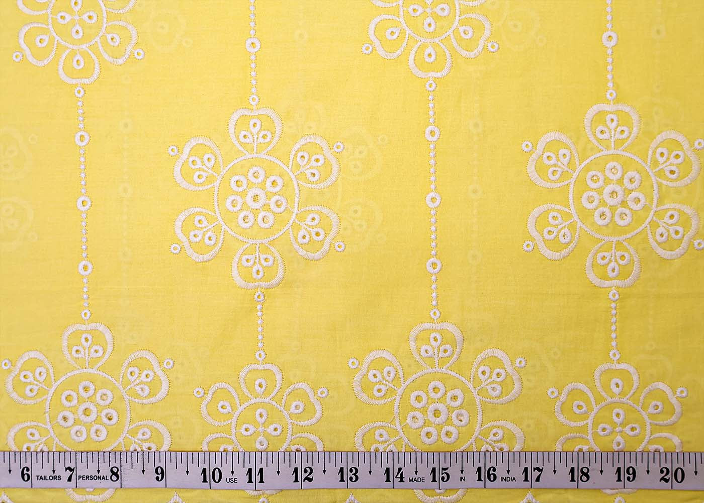 Pastel Yellow Cotton Fabric with All Over Threadwork with One Side Scalloped Border 15467