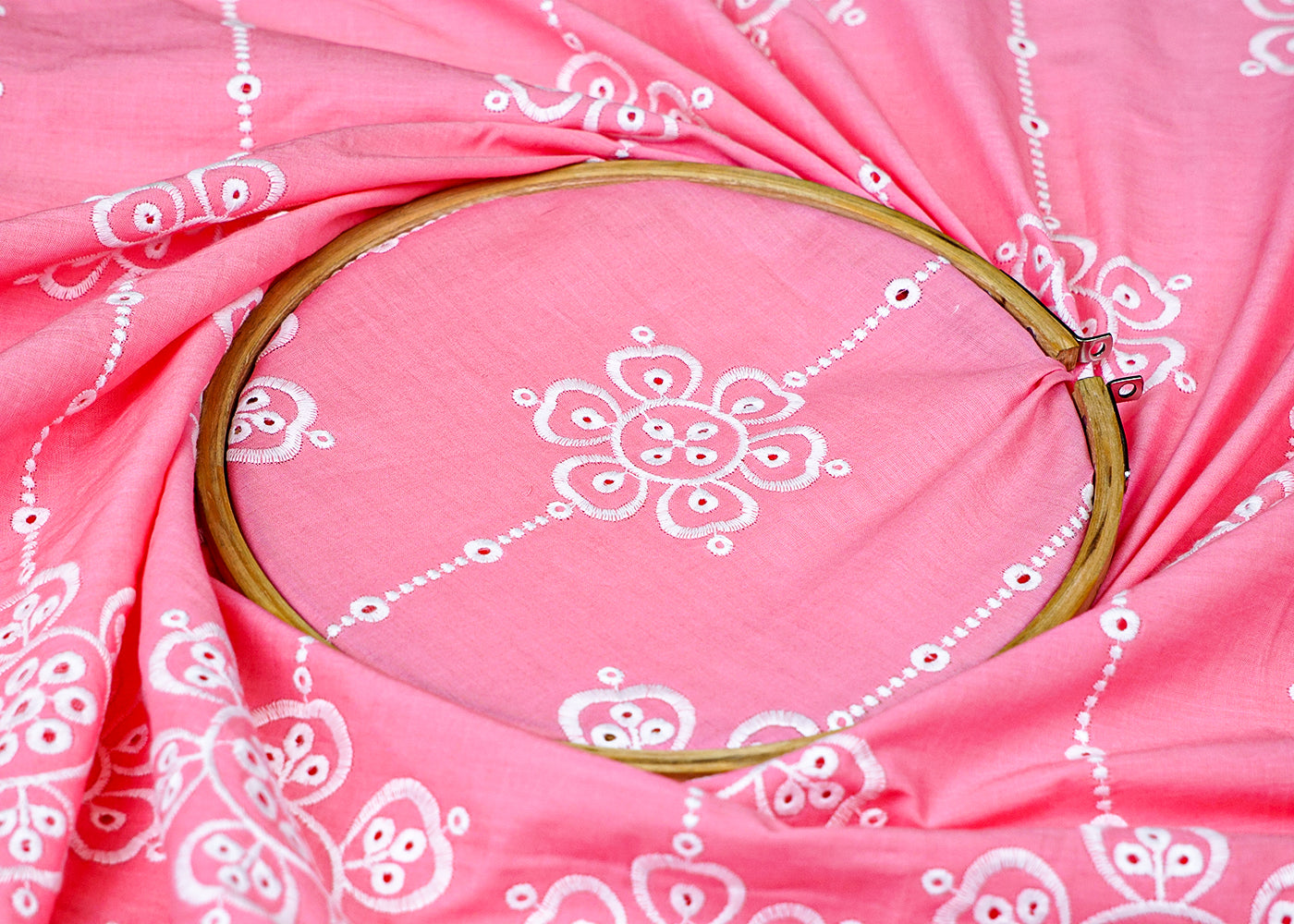 Pink Cotton Fabric with All Over Threadwork with One Side Scalloped Border 15470