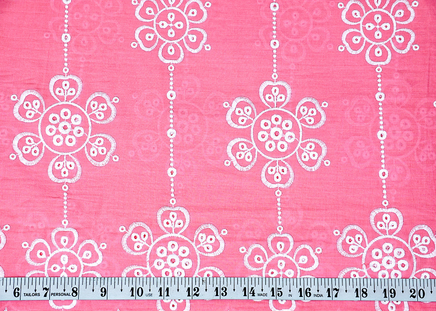 Pink Cotton Fabric with All Over Threadwork with One Side Scalloped Border 15470