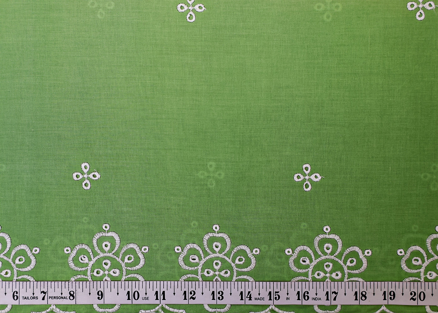Green Cotton Fabric with All Over Threadwork with One Side Scalloped Border 15473