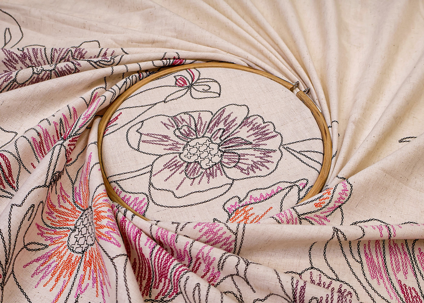 Multi-Colour Cotton Flex Fabric with Hand Block Floral Border Print 15477